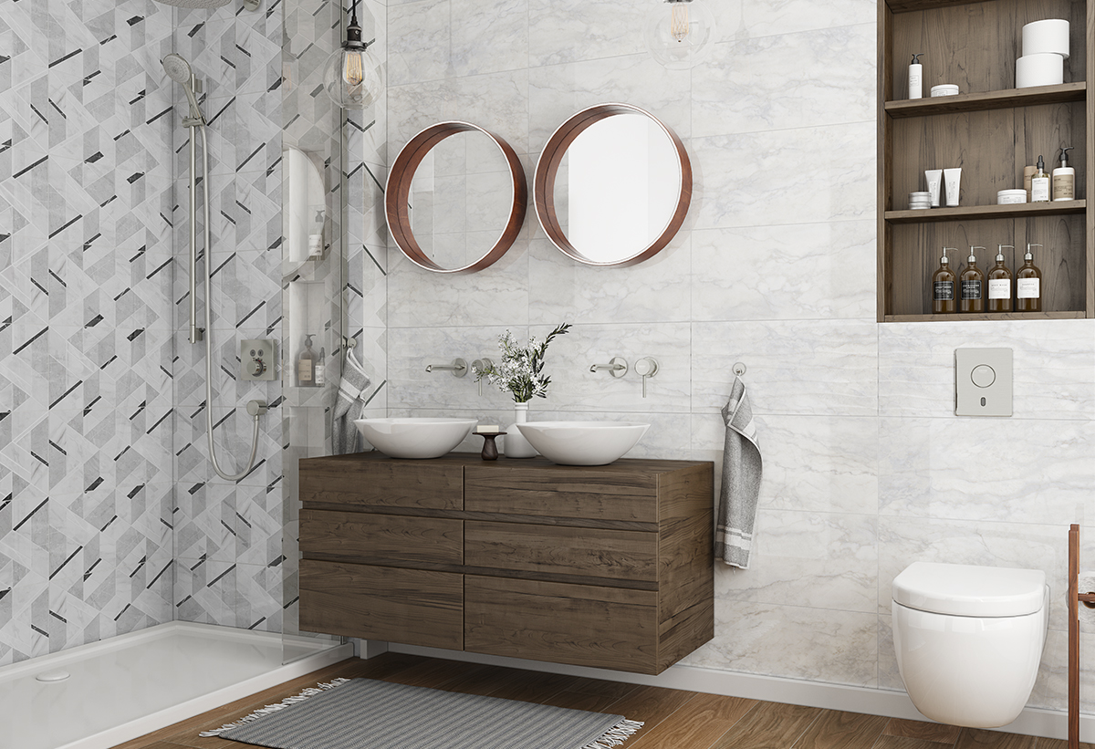 Απεικονίζεται το πλακάκι τοποθετημένο σε ένα μπάνιο.