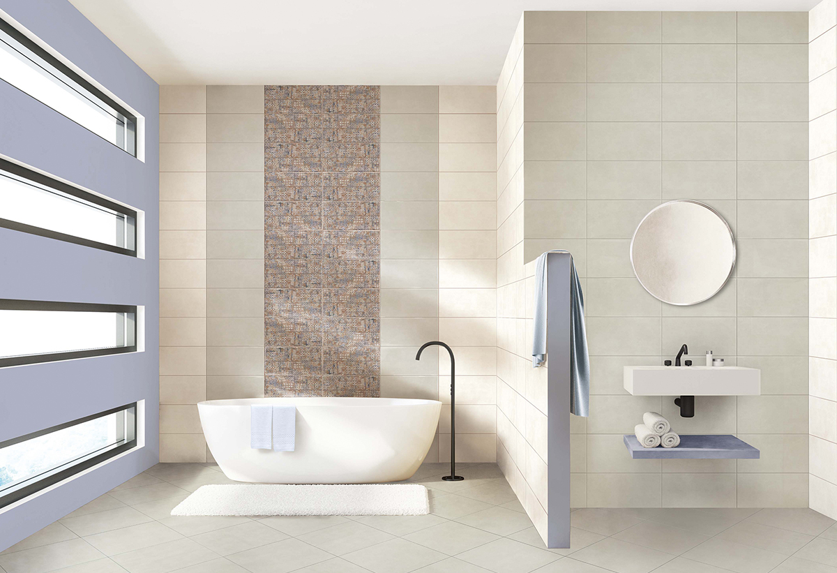 Απεικονίζεται το πλακάκι τοποθετημένο σε ένα μπάνιο.