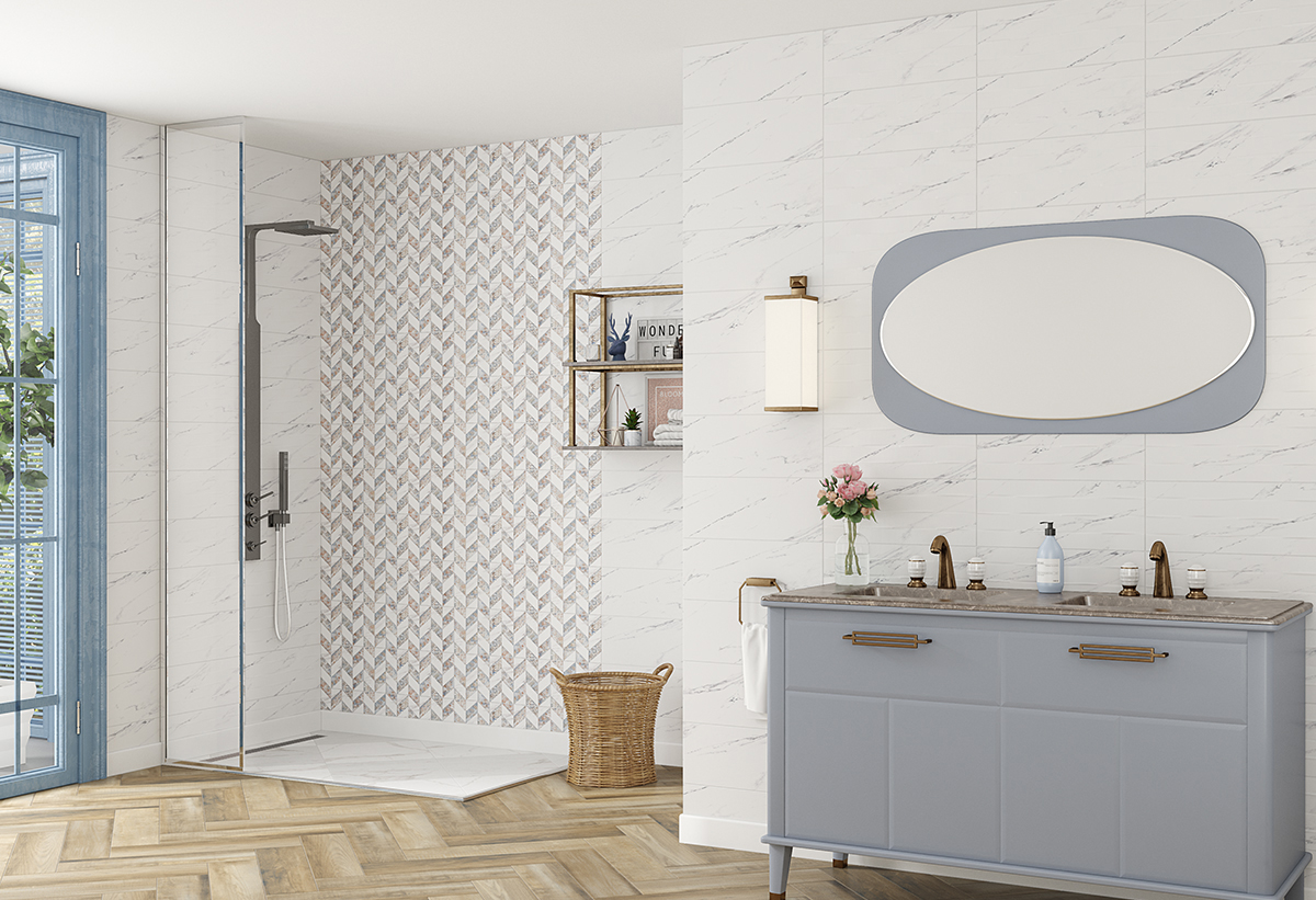 Απεικονίζεται το πλακάκι τοποθετημένο σε ένα μπάνιο.