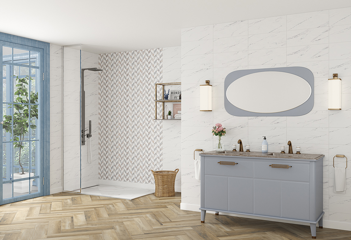 Απεικονίζεται το πλακάκι τοποθετημένο σε ένα μπάνιο.