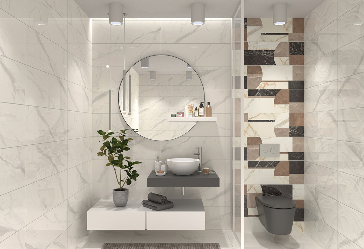 Απεικονίζεται το πλακάκι τοποθετημένο σε ένα μπάνιο.