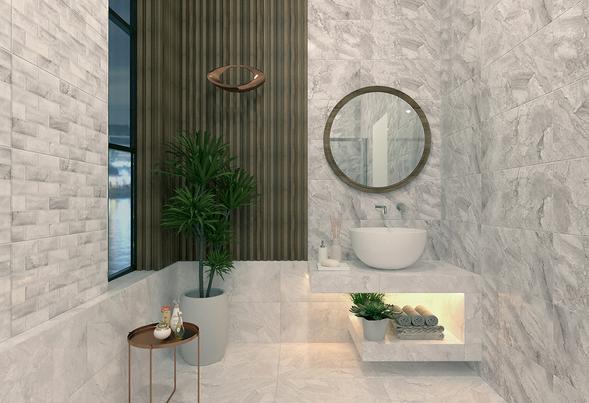 Απεικονίζεται το πλακάκι τοποθετημένο σε ένα μπάνιο.