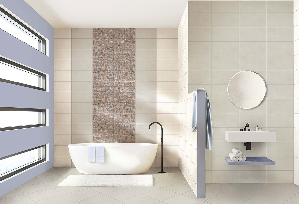 Απεικονίζεται το πλακάκι τοποθετημένο σε έναν τοίχο μπάνιου.