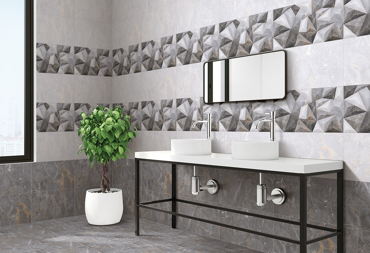 Απεικονίζεται το πλακάκι τοποθετημένο σε έναν τοίχο μπάνιου.