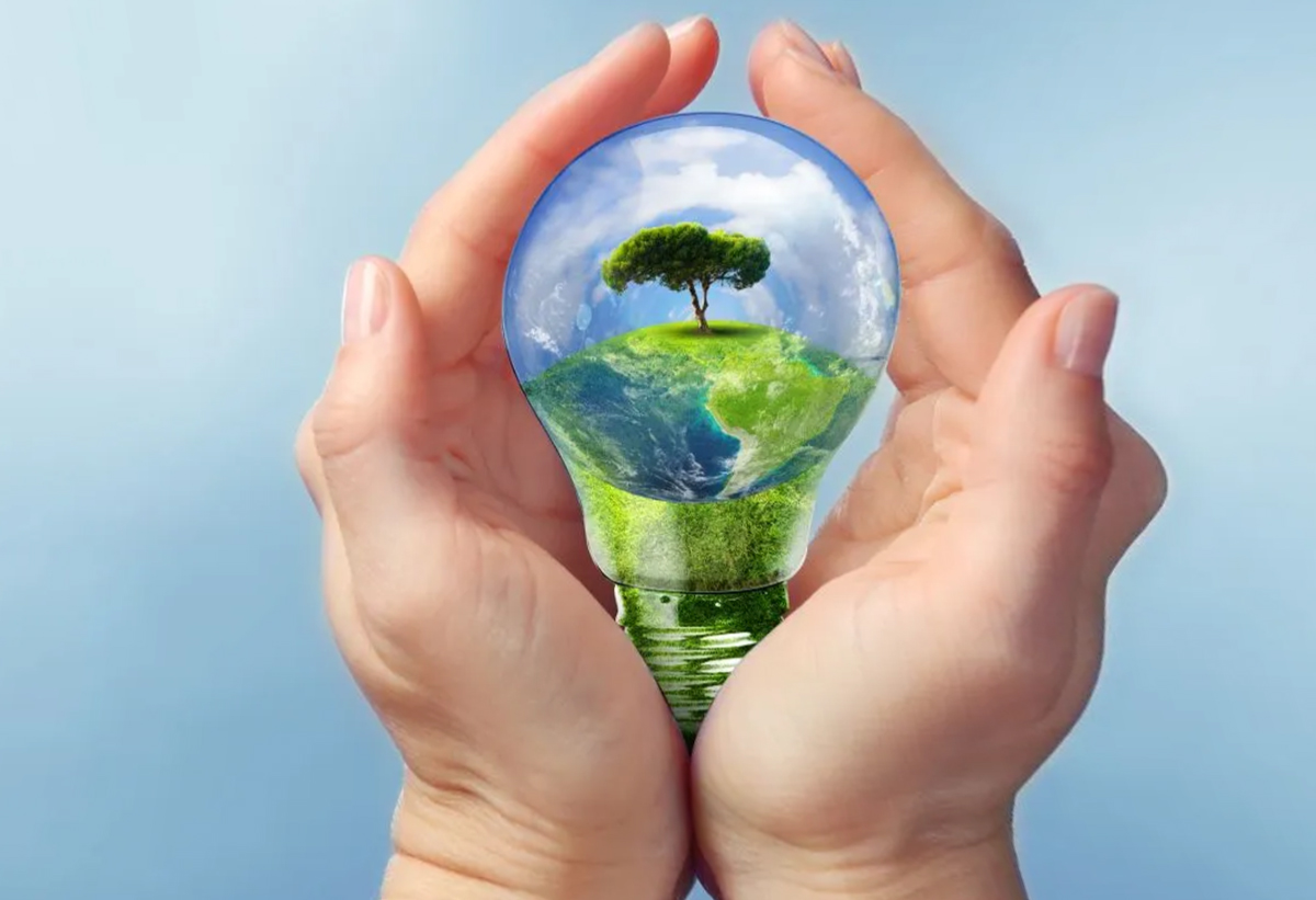 Απεικονίζεται γραφιστικό που δείχνει χέρια να κρατούν μια λάμπα με ένα δέντρο μέσα.