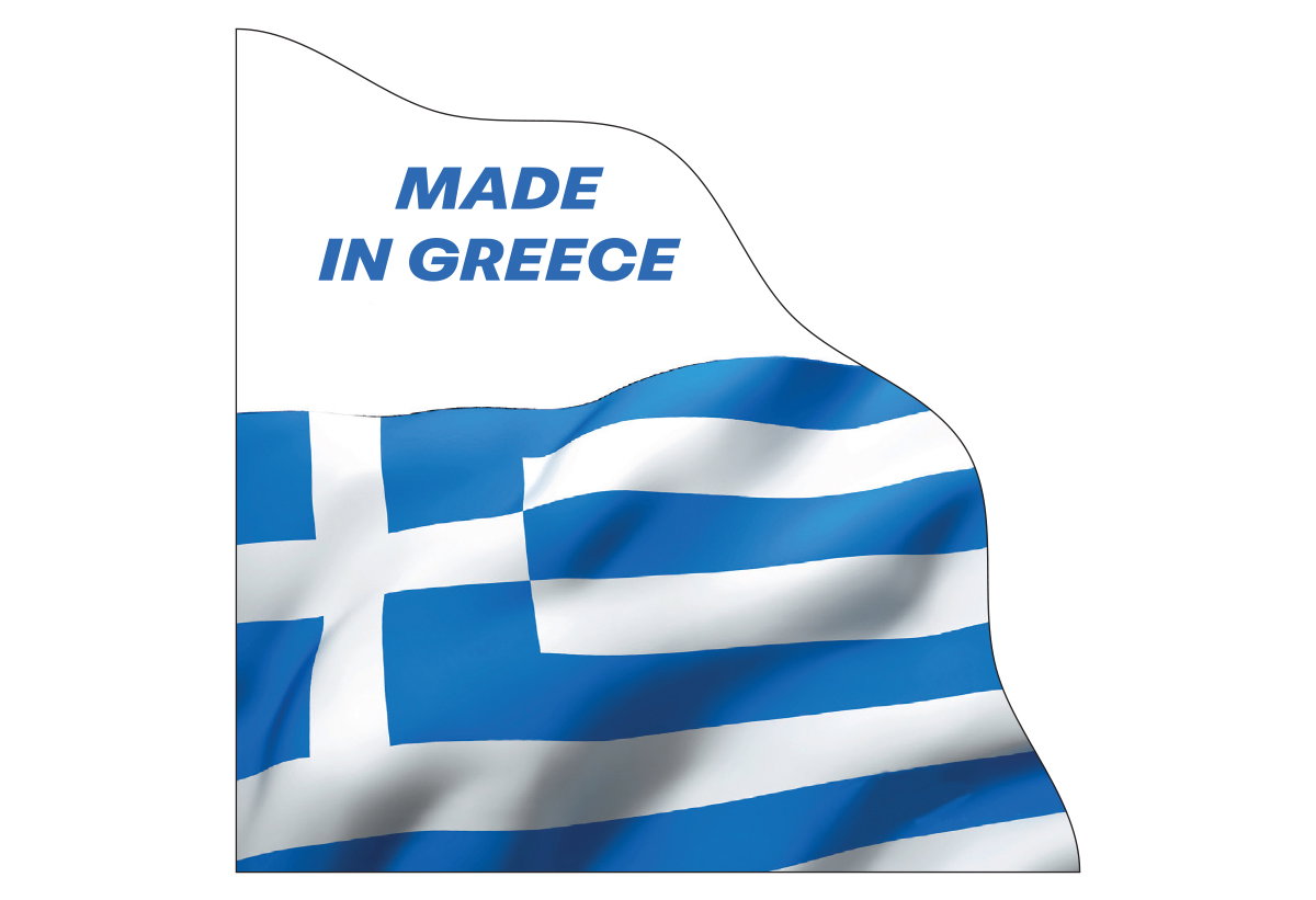 Απεικονίζει την ελληνική σημαία με λεκτικό Made in Greece.