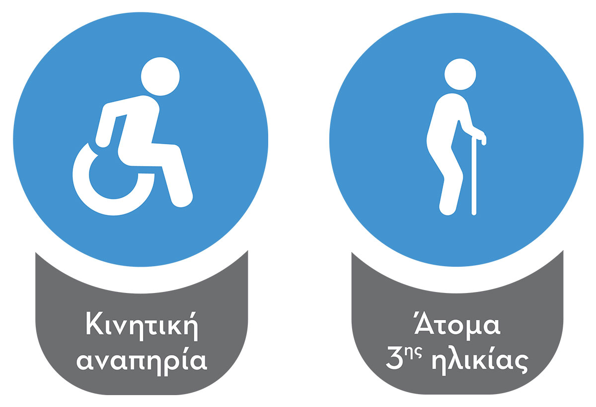 Εικονίδιο για άτομα με κινητική αναπηρία. Εικονίδιο για άτομα 3ης ηλικίας.