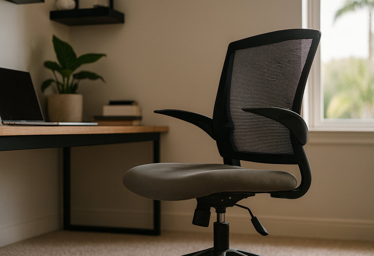 Απεικονίζεται η καρέλα σε ένα home office, μπροστά από ένα γραφείο.