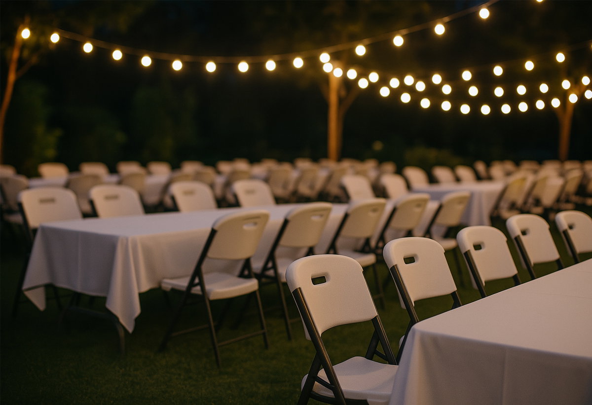Απεικονίζονται πολλές καρέκλες catering γύρω από τραπέζια.