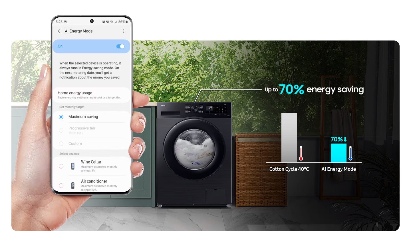 Η λειτουργία AI Energy Mode for Washer ενεργοποιείται επιλέγοντας το κουμπί λειτουργίας στο «On» και επιλέγοντας τη συσκευή που θέλεις να λειτουργεί στο smartphone σου. Η λειτουργία AI Energy μειώνει την κατανάλωση ενέργειας έως και 70% περισσότερο από τον κύκλο βαμβακερών 40ºC.