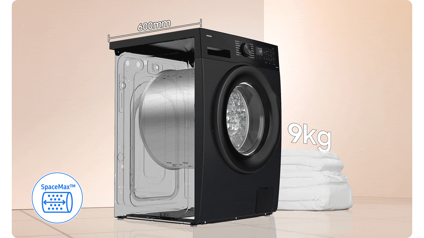 Κάτω αριστερά, η λειτουργία SpaceMax™ εμφανίζεται στο εικονίδιο. Το βάθος του τυμπάνου πλύσης έχει αυξηθεί στα 600mm και η χωρητικότητα έχει αυξηθεί από 9kg σε 11kg. Μπορεί να πλύνει ακόμα και μεγάλο πάπλωμα.
