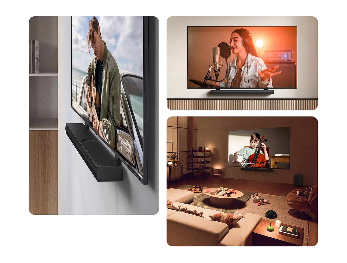 Τα LG Soundbar και LG QNED TV ακουμπάνε στον τοίχο με τον αντίστοιχο βραχίονα QNED σε σαλόνι γκρι και ξύλου υπό γωνία, καθώς η LG QNED TV απεικονίζει έναν άντρα να παίζει κιθάρα. LG Soundbar και LG QNED TV μπροστά από έναν κρεμ τοίχο με τον αντίστοιχο βραχίονα τηλεόρασης QNED. Η τηλεόραση παίζει ένα βίντεο μιας γυναίκας που τραγουδά σε ένα στούντιο ηχογράφησης. Κάτω από την τηλεόραση υπάρχει μια μοντέρνα, ξύλινη γεωμετρική βάση. LG Soundbar και LG QNED TV σε έναν τοίχο με τον αντίστοιχο βραχίονα τηλεόρασης QNED σε ένα ζεστό και ελαφρώς φωτισμένο σαλόνι με παιδικά παιχνίδια. Η τηλεόραση παίζει ένα βίντεο ενός μικρού αγοριού που παίζει τσέλο.