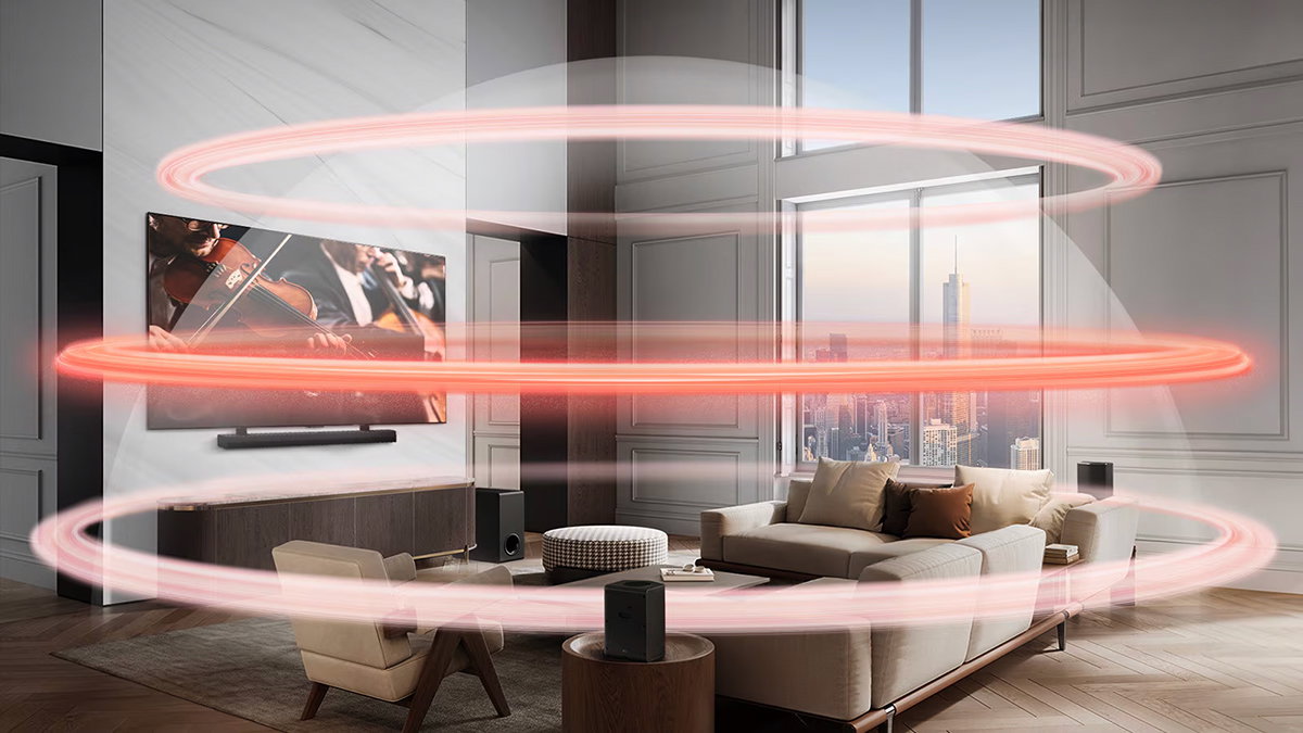Τα LG Soundbar και LG TV σε ένα μεγάλο διαμέρισμα. Τρεις κόκκινες ταινίες, που απεικονίζουν εικονικά επίπεδα με ένα έντονο μεσαίο επίπεδο, δημιουργούν έναν ηχητικό θόλο που αγκαλιάζει τους καναπέδες.