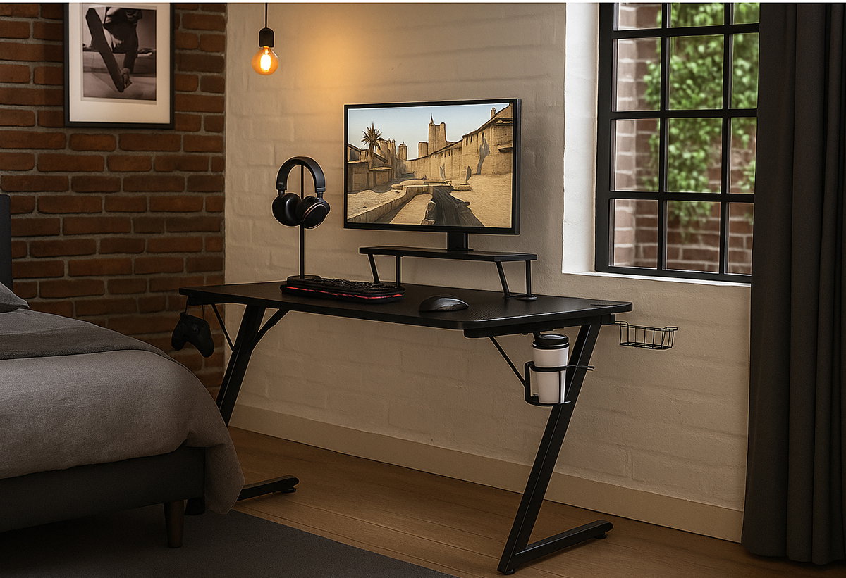 Απεικονίζεται το γραφείο σε δωμάτιο, με gaming set πάνω του.