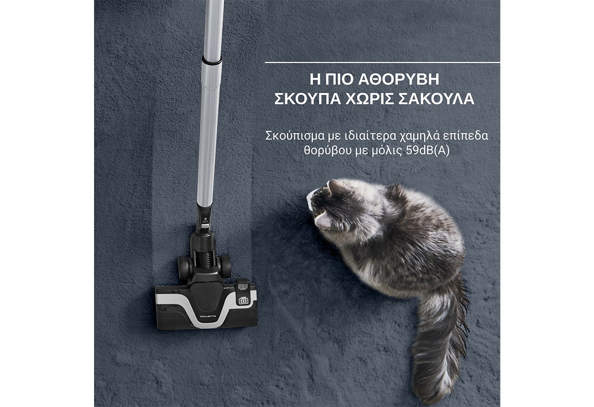 Παρουσιάζεται η σκούπα εν ενεργεία και μια γάτα να κάθεται ήρεμη δίπλα της.