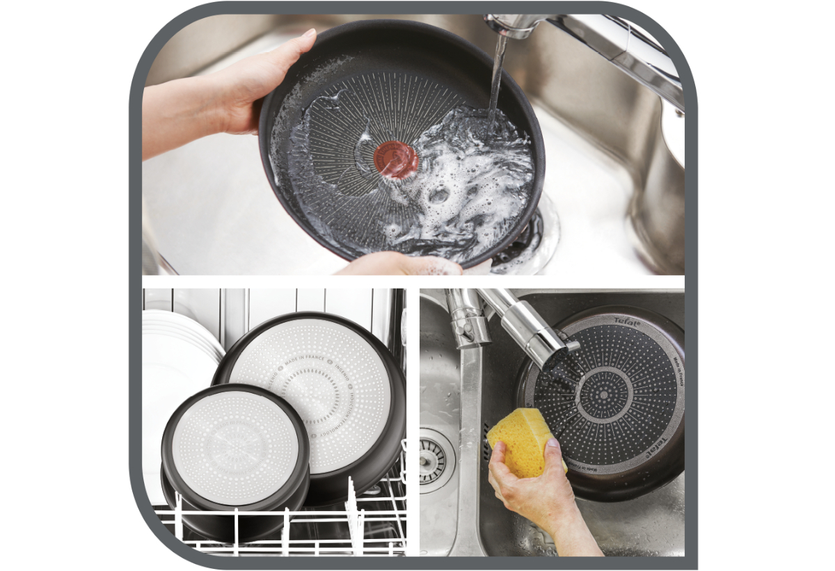Φωτογραφία διαιρεμένη σε 3 μέρη που απεικονίζουν το τηγάνι από τη μπροστά και τη πίσω μεριά του μέσα στον νεροχύτη και στο πλυντήριο πιάτων.