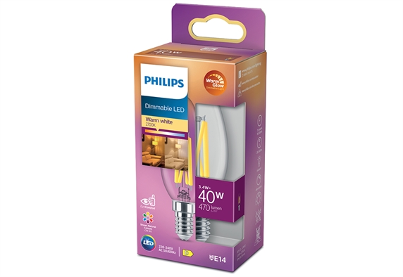 Philips Λαμπτήρας LED E14 Dimmable 3.4-40W 470lm με σχήμα Β35 Warm Glow ...