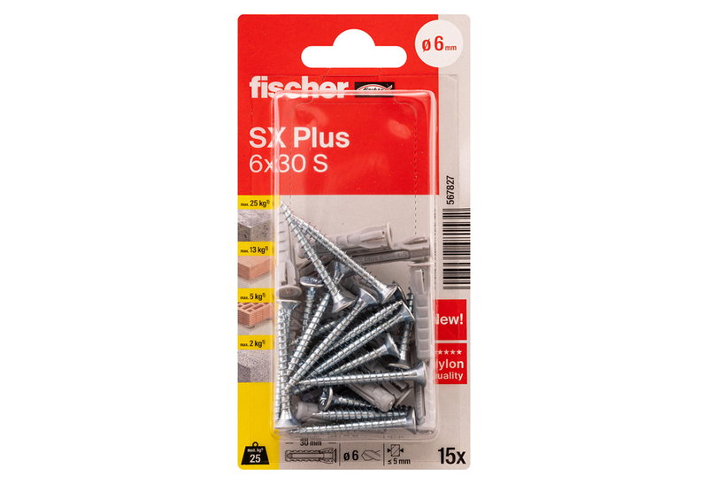 Σετ Βύσμα 6x30mm και Βίδα 4.5x40mm Fischer SX Plus 15 Τεμάχια