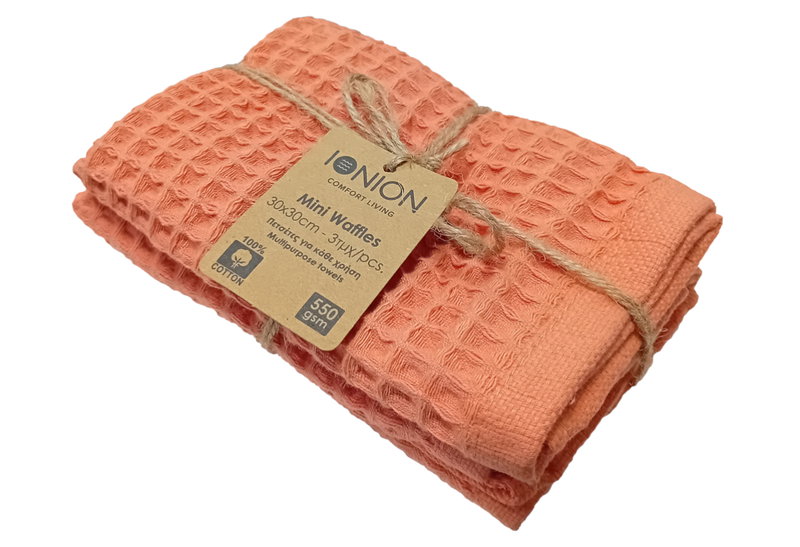 Ionion Mini Waffle Σετ Πετσέτες Κουζίνας 30x30cm Κοραλλί 3τμχ
