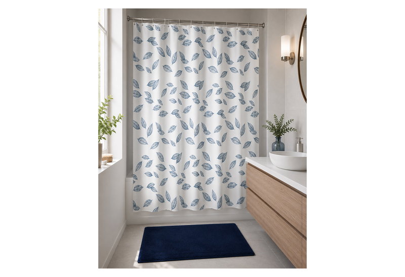 Σετ Κουρτίνα 180x180cm & Ταπέτο Μπάνιου Ionion Light Blue Leaves