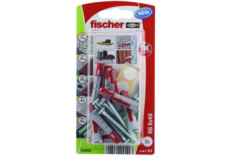 Βύσμα Ούπατ Fischer RB 8X40mm&Ξυλόβιδα 5X50mm&Αυτοκόλλητο 8 Τμχ